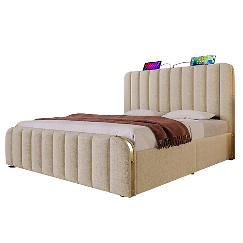 MIVRAY Lit double adulte 140x190 cm, USB et Type C, 4 tiroirs, lin beige