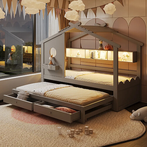 Lit Enfant 90x200 cm Modenvie avec lit gigogne et rangement bois gris