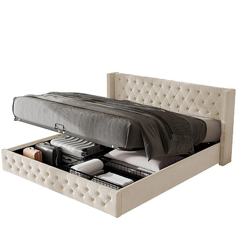 MIVRAY Lit coffre adulte 140x190 cm, rangement hydraulique, velours beige