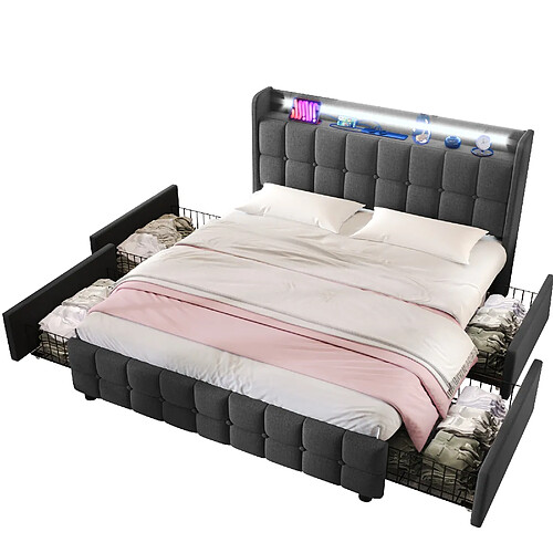 MIVRAY Lit Adulte Double 180x200 Cm Avec 4 Tiroirs, Éclairage LED, Prises USB, Lin, Gris