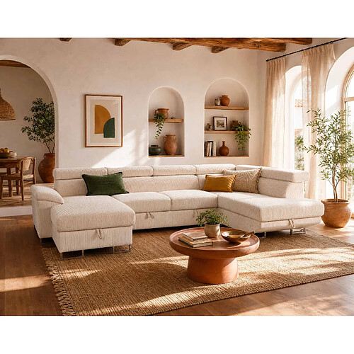 Bestmobilier Baoji - Canapé panoramique d'angle droit 7 places convertible avec têtières et coffre en