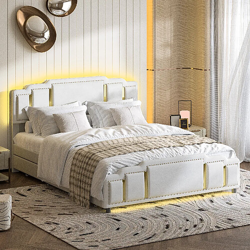 Lit Double 140x200 cm - Modenvie - rangement LED - Velours - Beige