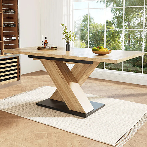 modfu Table à manger extensible 119-158,5 x 80 cm, finition bois naturel, pieds croisés noirs