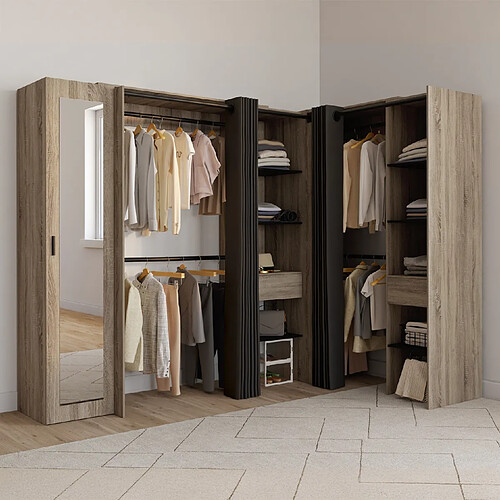 Idmarket Dressing extensible d'angle MARLON 230 x 140 x 180 cm hêtre avec penderies + rideaux noirs