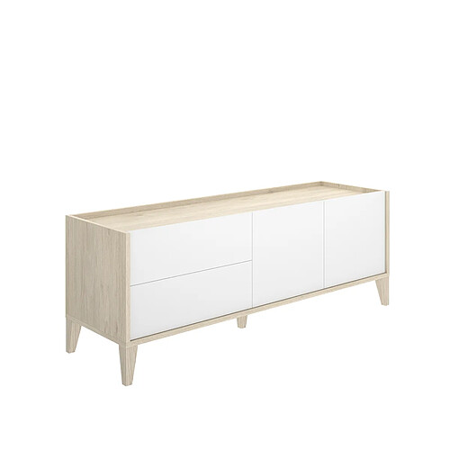Pegane Meuble TV bas avec 2 tiroirs et 2 portes battantes, coloris naturel/blanc