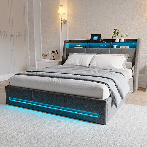 Lit rembourré - Superaly - 160x200cm - avec éclairage LED et port USB - Linge - Gris