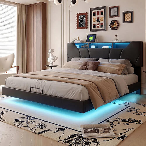 Lit rembourré - Superaly - 160x200cm - avec éclairage LED et port USB - noir