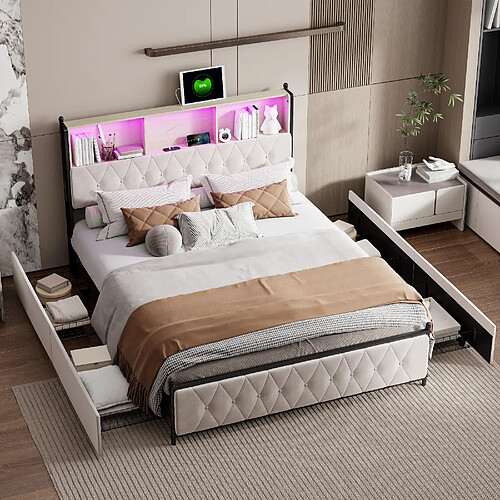 Lit rembourré - Superaly - 180x200cm - avec 4 tiroirs et éclairage LED - port USB - Beige