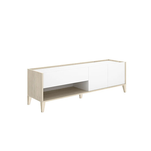 Pegane Meuble TV bas avec 2 tiroirs, 2 portes battantes et 1 niche, coloris naturel/blanc