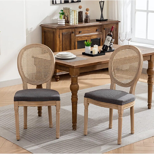 MIVRAY Lot 2 chaises de salle à manger assise rembourrée, rotin tissu gris