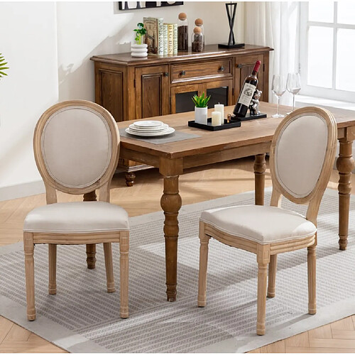 MIVRAY Lot 2 chaises de salle à manger rembourrée cadre en bois massif lin beige