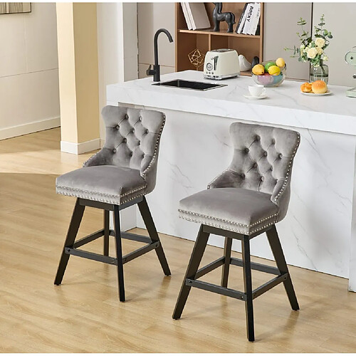 MIVRAY Lot 2 tabourets de bar pivotant dossier incurvé velours gris