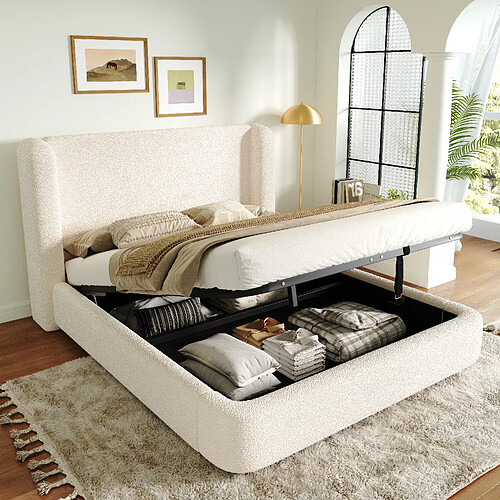 Lit Coffre 160x200 cm - Modenvie - rangement hydraulique - Bouclé Beige