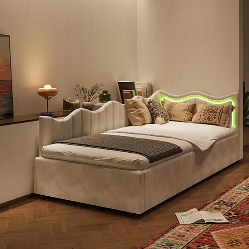 Lit simple - Superaly - 90x200cm - avec cadre à Lattes - beige
