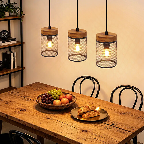 NETTLIFE suspension vintage bois noir E14 3 lumières industriel, salon/cuisine