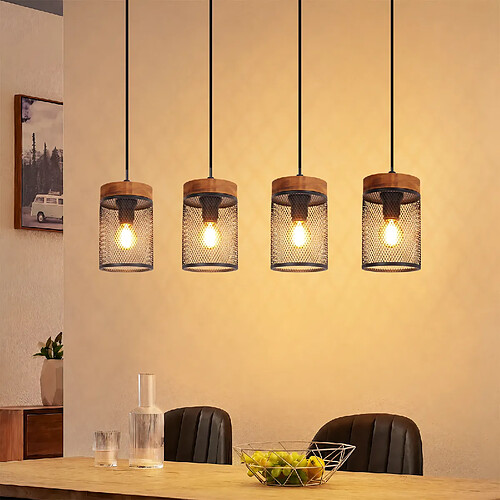 NETTLIFE Suspension vintage bois noir 4 flammes E14 rétro, salon/cuisine/restaurant
