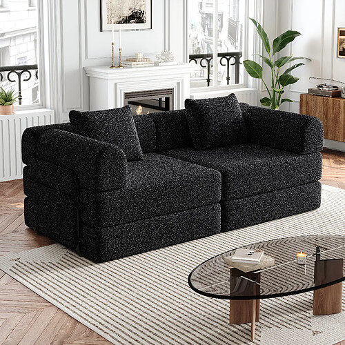 lemonbest Canapé-lit convertible 2-en-1 chenille noir (lot de 2), rangement accoudoir