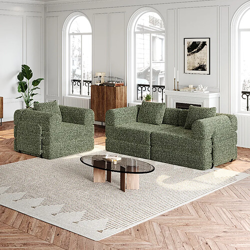 lemonbest Canapé-lit convertible 2-en-1 chenille vert (lot de 3), rangement accoudoir