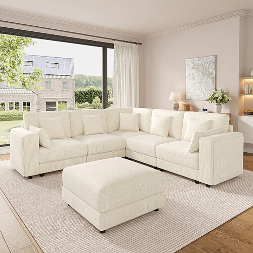 lemonbest Canapé d’angle modulaire 6 places beige, 215×215×82 cm, ports USB/Type-C, tissu chenille
