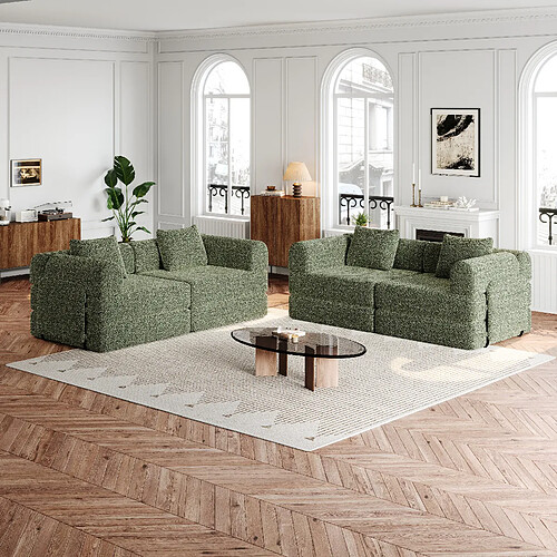 lemonbest Canapé-lit convertible 2-en-1 chenille vert (lot de 4), rangement accoudoir