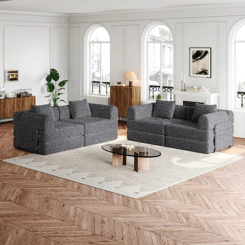 lemonbest Canapé-lit convertible 2-en-1 chenille gris (lot de 4), rangement accoudoir