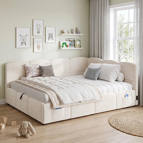 lemonbest Canapé-lit 140×200 cm en velours beige, lit enfant/adulte avec coffre hydraulique
