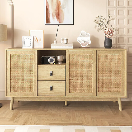 lemonbest Buffet/Enfilade 155×38×80 cm, finition bois, 3 portes coulissantes en rotin véritable