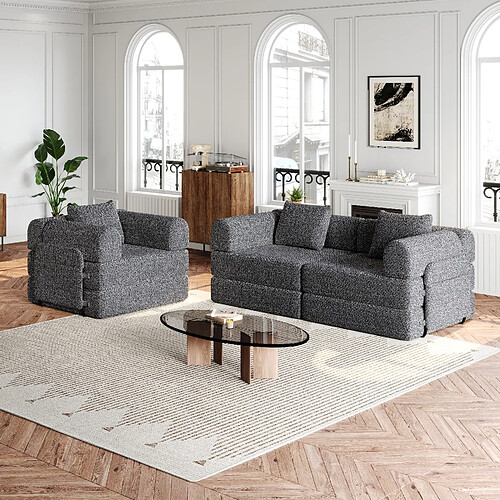 lemonbest Canapé-lit convertible 2-en-1 chenille gris (lot de 3), rangement accoudoir