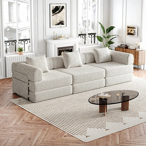 lemonbest Canapé-lit convertible 2-en-1 chenille kaki (lot de 3), rangement accoudoir