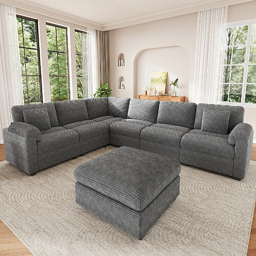 lemonbest Canapé d’angle modulaire XXL U/L 7 places gris, 274,5×210,5×85,5 cm