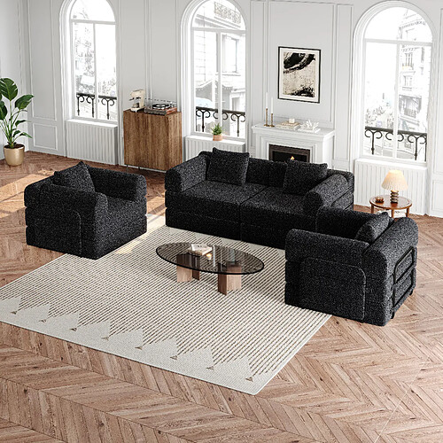 lemonbest Canapé-lit convertible 2-en-1 chenille noir (lot de 4), rangement accoudoir