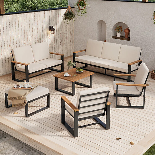 lemonbest Salon de jardin 8 places, Beige, acier galvanisé, plateau en acacia massif