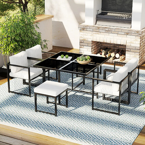 lemonbest Salon de jardin repas 7 pièces pour 6 personnes, Noir & Blanc, 4 fauteuils+2 tabourets