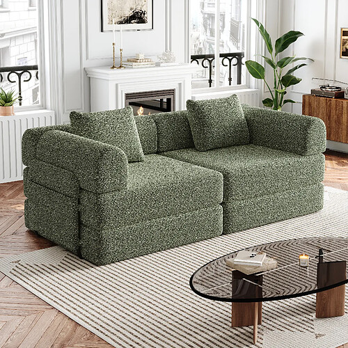 lemonbest Canapé-lit convertible 2-en-1 chenille vert (lot de 2), rangement accoudoir