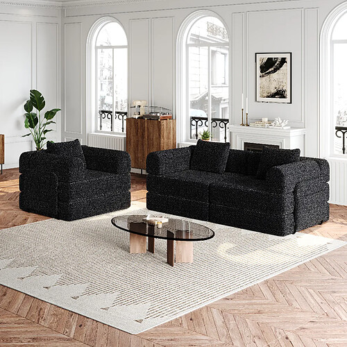 lemonbest Canapé-lit convertible 2-en-1 chenille noir (lot de 3), rangement accoudoir