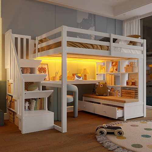 lemonbest Lit mezzanine 140×200 cm blanc, MDF, éclairage LED, espace bureau/rangement