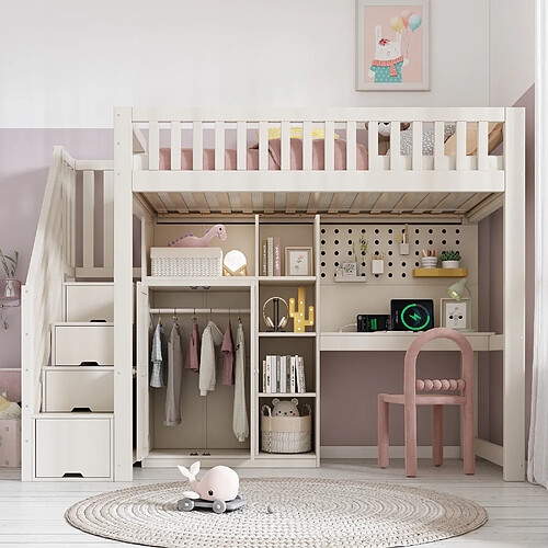 lemonbest Lit mezzanine enfant 90x200 cm - bois - blanc