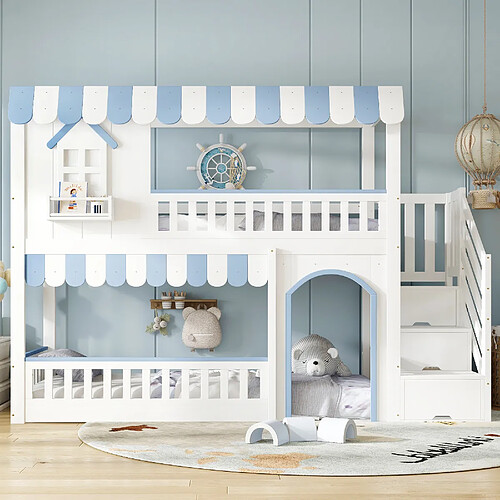 lemonbest Lit superposé enfant 90x200 cm - pin mdf contreplaqué - blanc - bleu