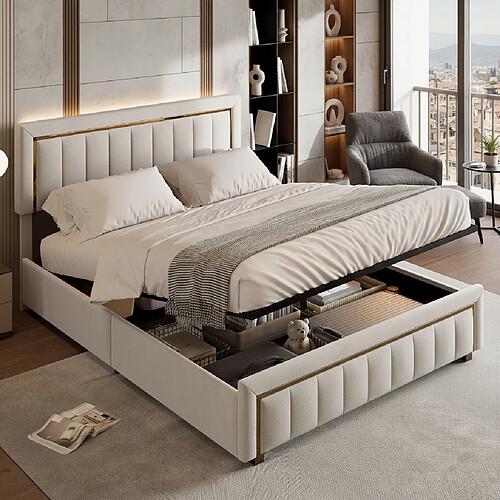 MEXUS Lit coffre 140x200 cm avec Sommier, Grand Espace de Rangement Hydraulique, Velours Beige