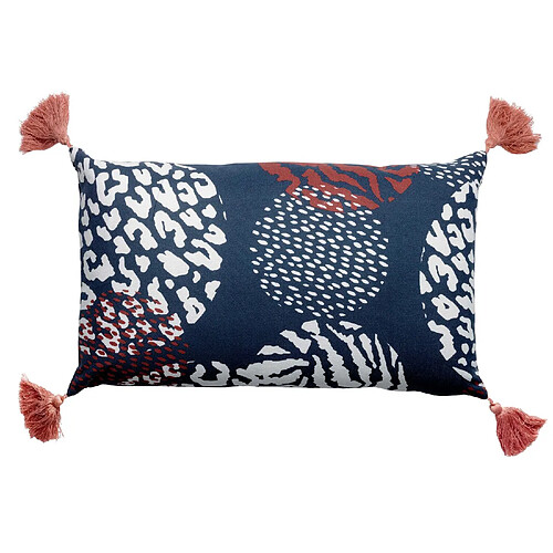 Les ateliers du linge Coussin en coton uni avec petits pompons - 30 x 50 cm - Bleu