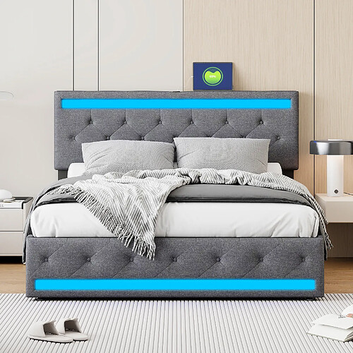 Lit double - Superaly - 180x200cm - avec 4 tiroirs - port USB et éclairage LED - gris foncé