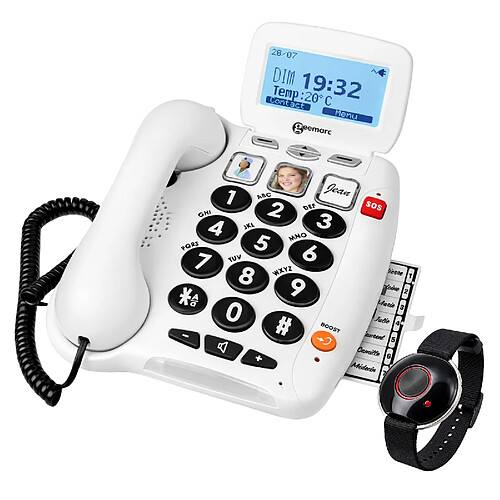Geemarc Téléphone Fixe Senior 40dB à Grosses Touches avec Télécommande SOS Blanc