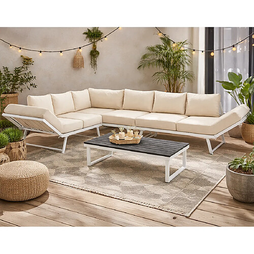 Bestmobilier Konna - salon de jardin d'angle en acier blanc - 5 places - coussin beige et table incluse