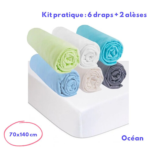 EASY DORT Drap housse 70x140 OCÉAN Coton (Lot de 6) + 2 Protèges matelas