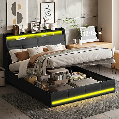 MEXUS Lit double 140x200 cm avec LED, sommier à lattes, PU, sans matelas, noir