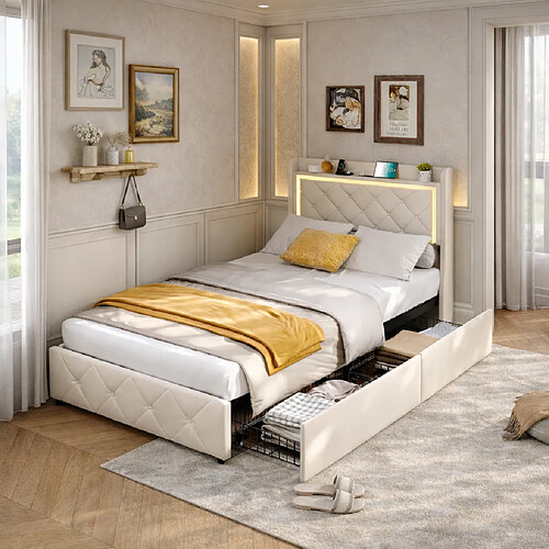 MEXUS Lit simple 90x200 cm, avec 2 tiroirs, éclairage LED et port USB, velours, beige