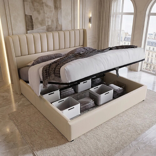 MEXUS Lit coffre 160x200 cm, avec un espace de rangement sous le lit, lin, beige
