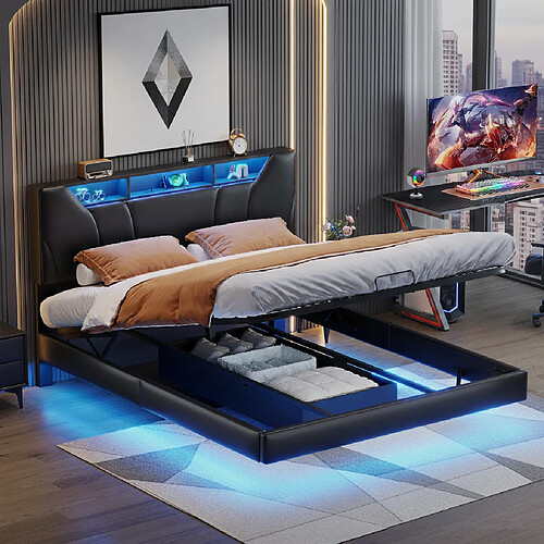 MEXUS Lit coffre 140x200 cm avec LED, fonction de charge, PU, noir