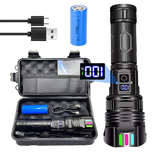 Lampe poche rechargeable 120k lm,5 modes,5000mAh,zoom télesc.,IP67,portée 1000m+