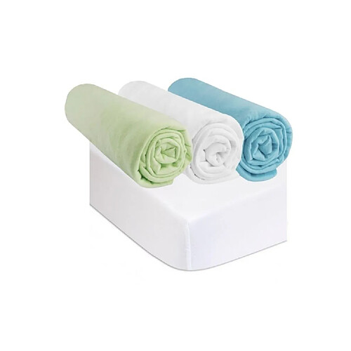 EASY DORT Drap housse 70x160 Anis Blanc Turquoise (Lot de 3) + 2 Alèses